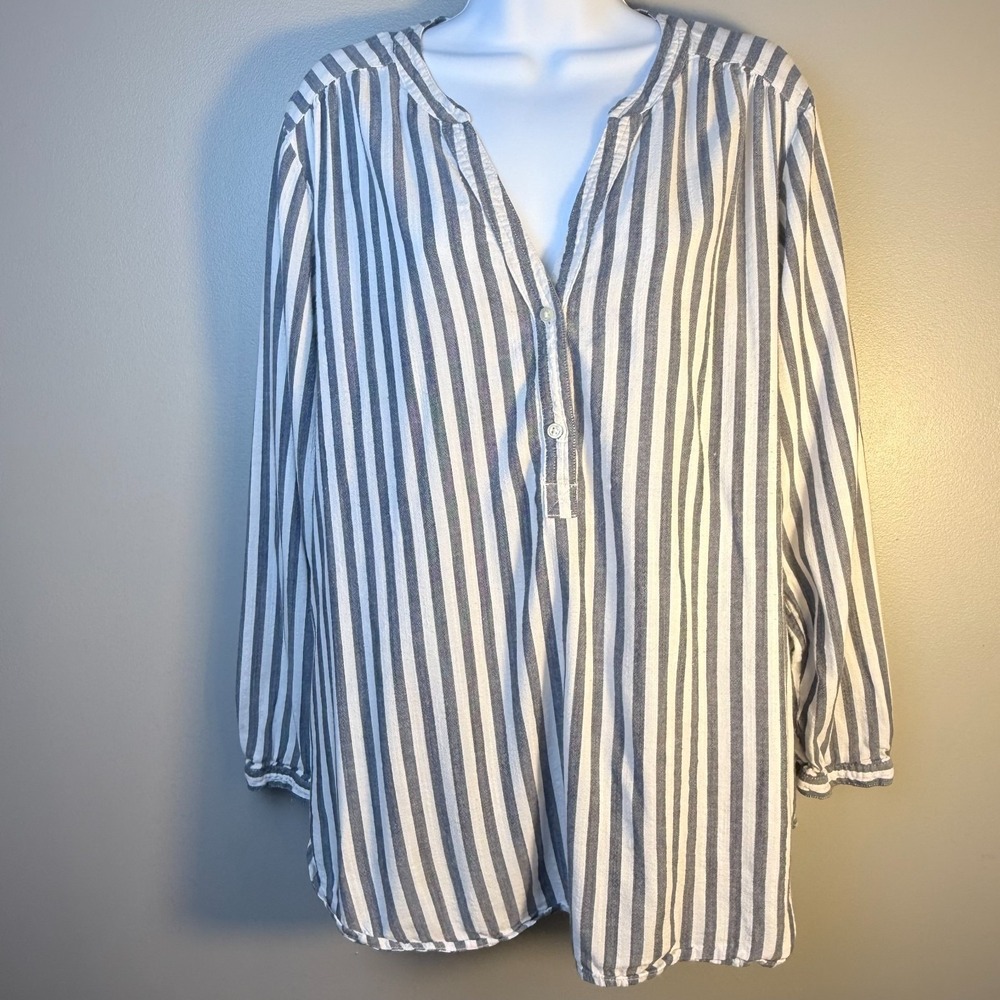 Old Navy Blue & White Striped Tunic Blouse Women's Large Long Sleeve coastal